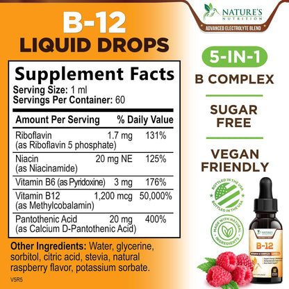 Vitamin B12 Drops - Extra Strength Methylcobalamin Super B Complex - Sublingual Liquid for Energy, Nervous System & Metabolism Support - Raspberry Flavoured - 60 ml