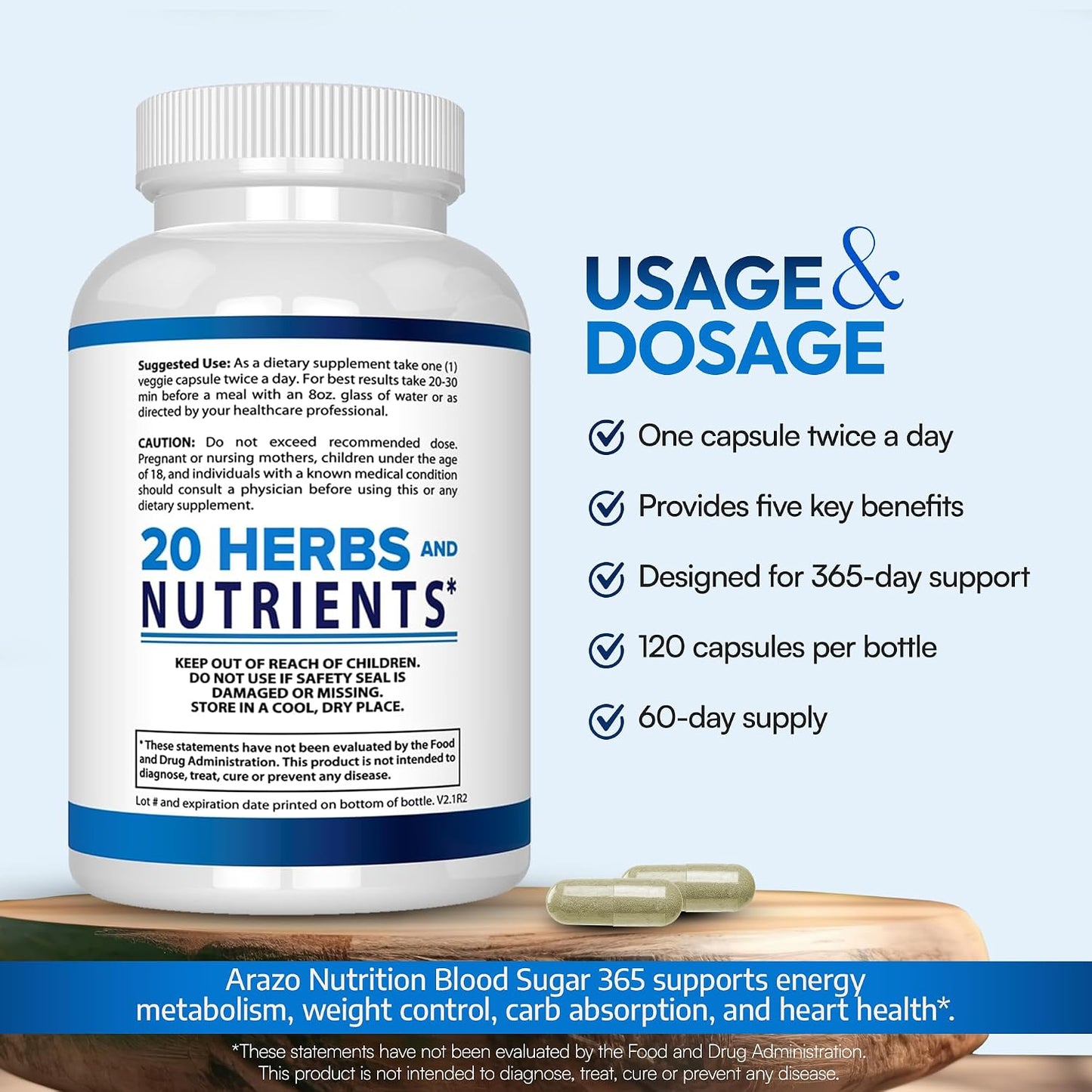 Arazo Nutrition Blood Sugar 365 Supplement – Supports Normal Energy Levels, 120 Capsules (60-Day Supply) - görsel 4