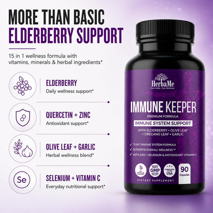 HerbaMe Immune Support Supplement – 15-in-1 Daily Wellness Formula, 90 Capsules