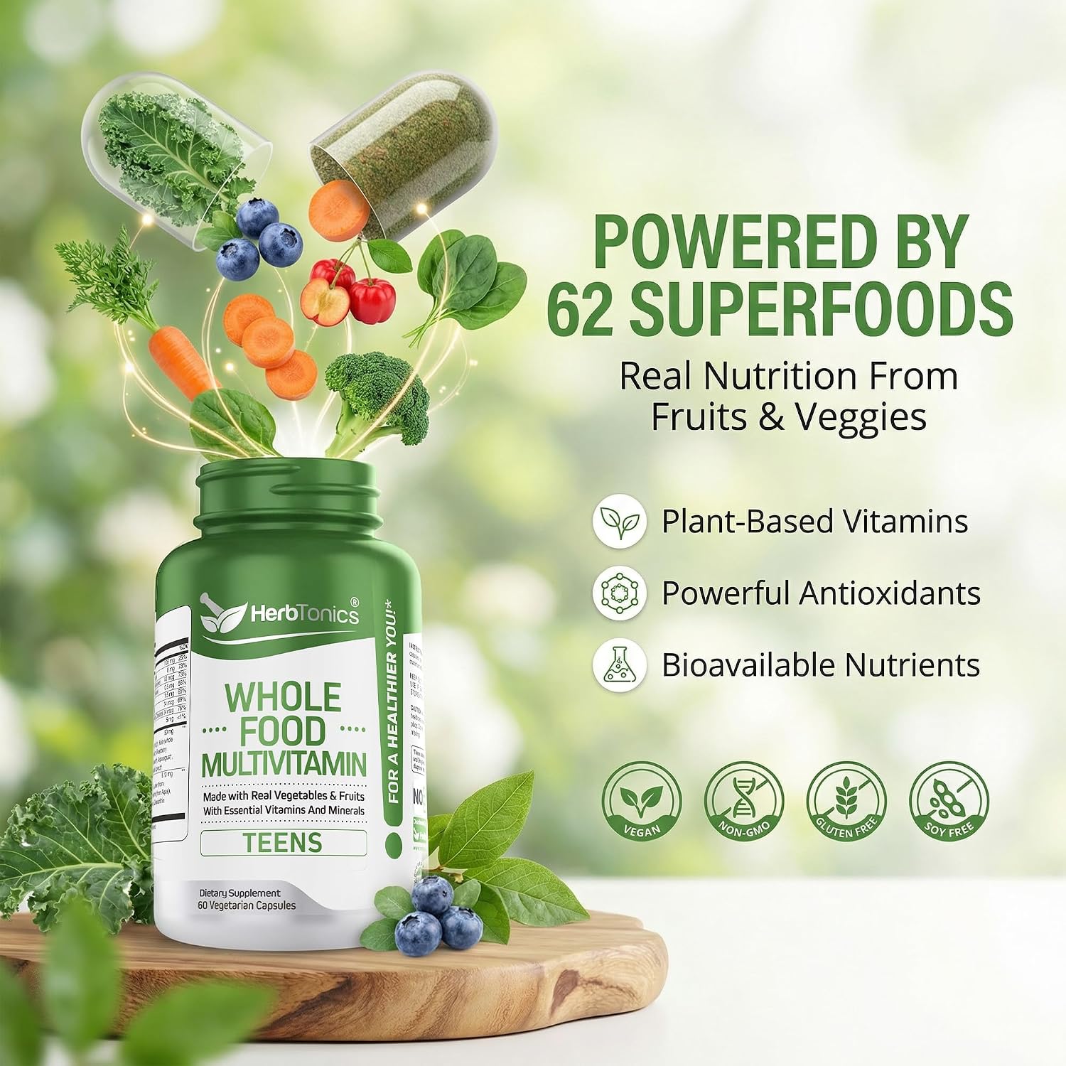 Herbtonics Whole Food Teen Vitamins – Multivitamin for Boys &amp; Girls Ages 12–18 – Energy, Focus &amp; Immune Support – 60 Capsules - görsel 5