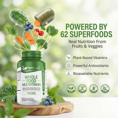 Herbtonics Whole Food Teen Vitamins – Multivitamin for Boys &amp; Girls Ages 12–18 – Energy, Focus &amp; Immune Support – 60 Capsules