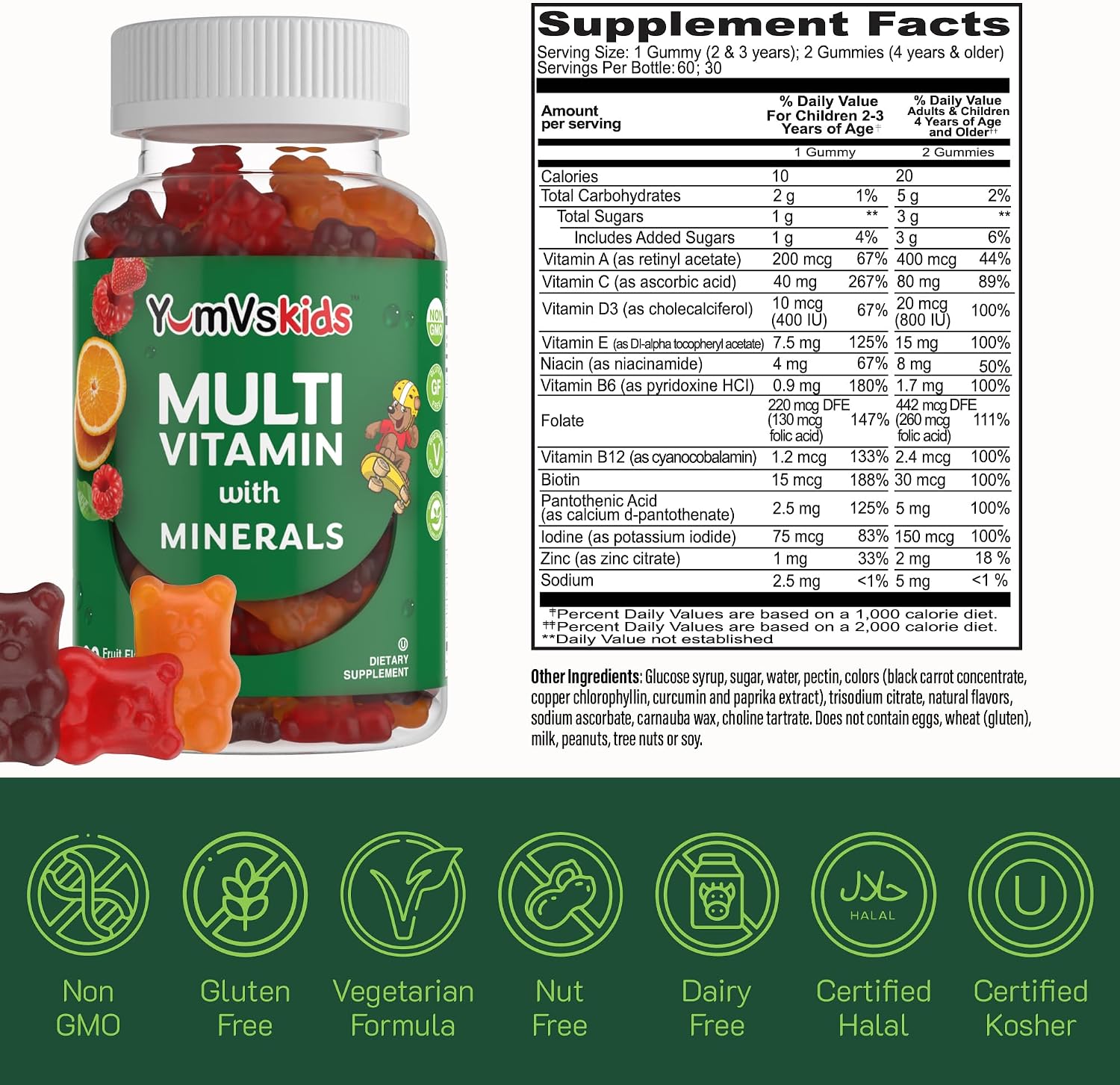 YumVs Kids Multivitamin Gummies - Fruit Flavoured Chewable Multivitamin with Vitamins A, C, D3, E, B6, B12, and Minerals - 60 Count - görsel 6