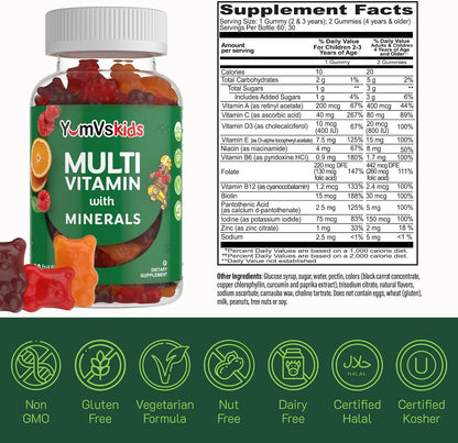 YumVs Kids Multivitamin Gummies - Fruit Flavoured Chewable Multivitamin with Vitamins A, C, D3, E, B6, B12, and Minerals - 60 Count