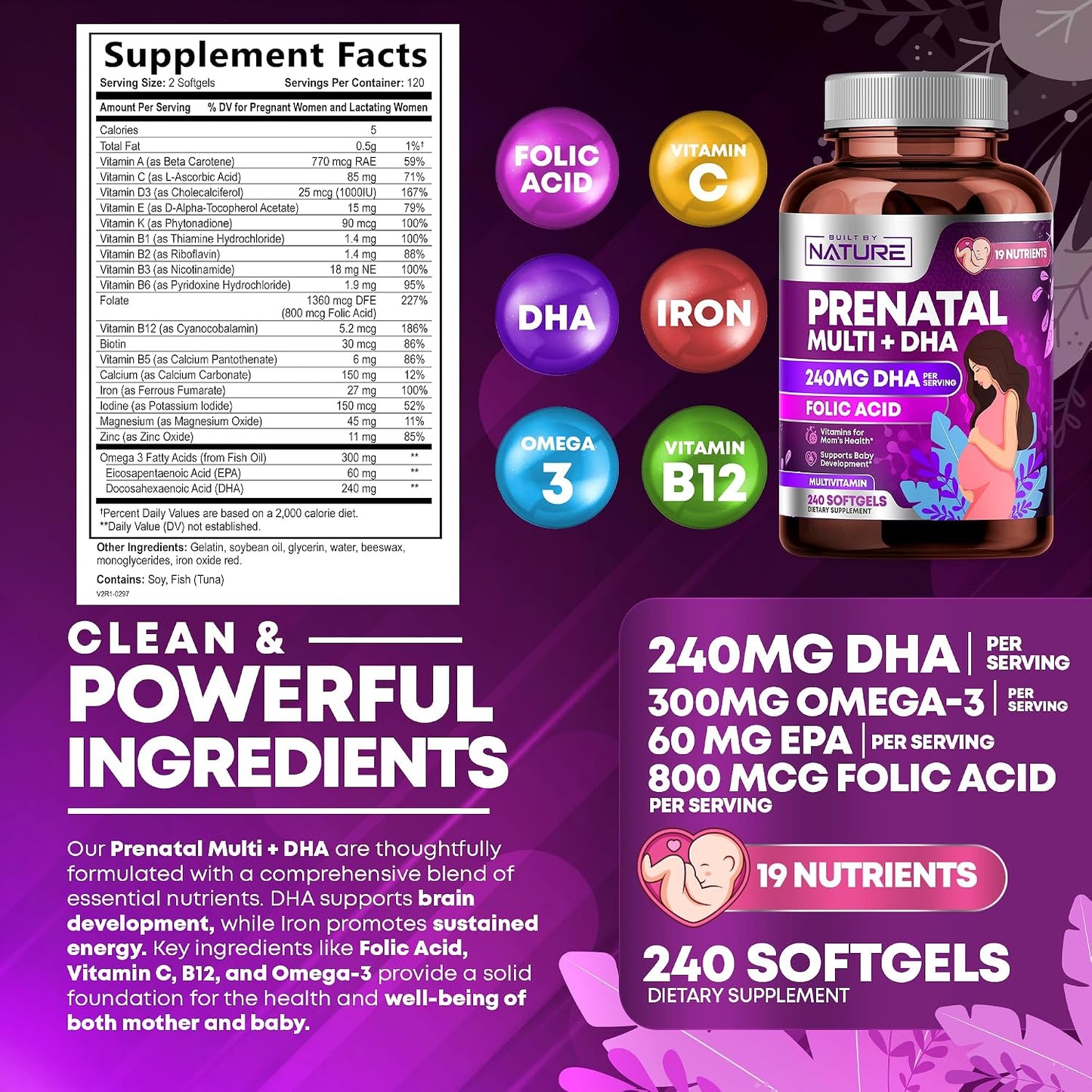 Built by Nature Prenatal Vitamins for Women, 240 Soft gel capsules - görsel 8