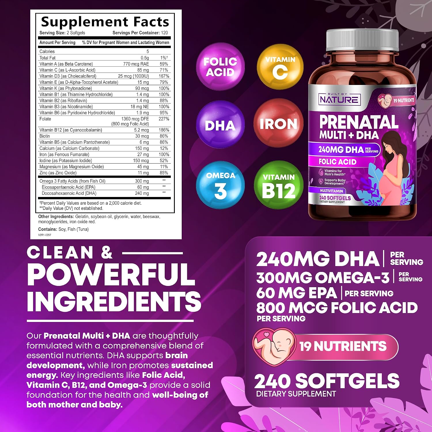 Built by Nature Prenatal Vitamins for Women, 240 Soft gel capsules - görsel 8