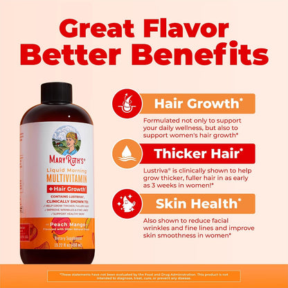 MaryRuth's Liquid Multivitamin + Hair Support | Clinically Tested for Thicker Hair & Facial Wrinkles | Biotin 10,000 mcg | Lustriva | 450 ml