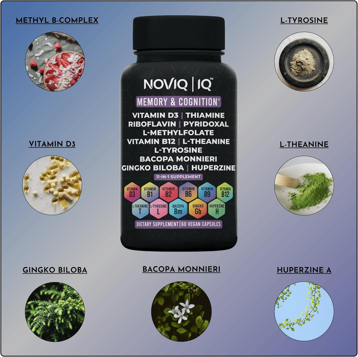NOVIQ IQ Nootropic Supplement - 11-in-1 Brain Support with Methyl B-Complex - 60 Capsules - görsel 7