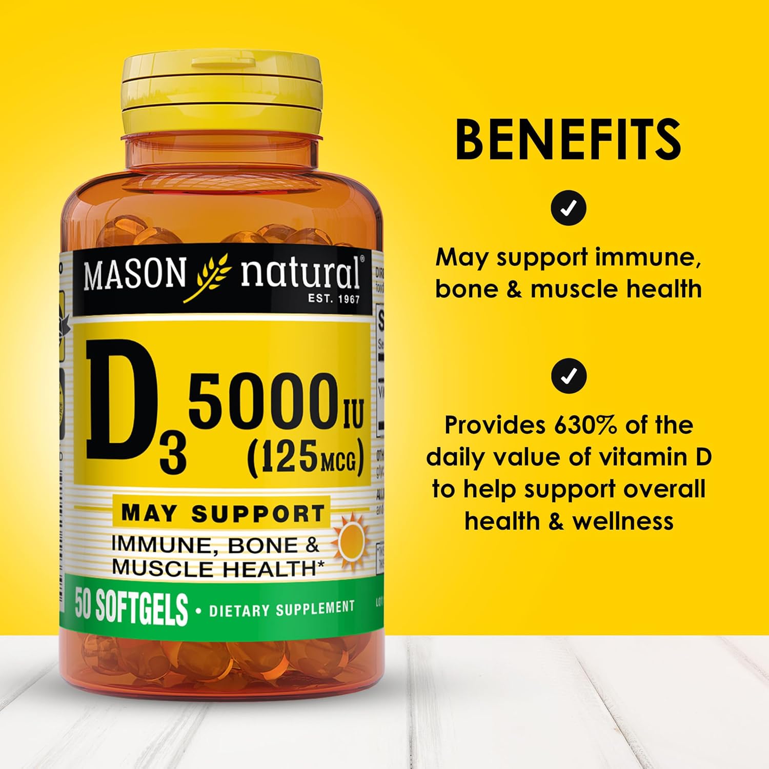 MASON NATURAL Vitamin D3 125 mcg (5000 IU) Softgels, 50 Count (Pack of 3) - görsel 2