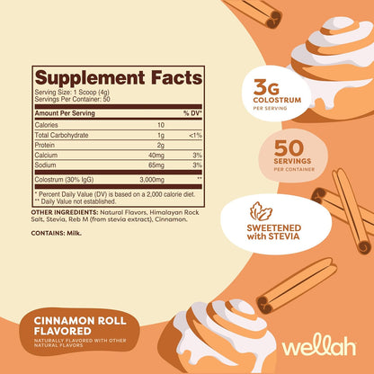 Wellah Colostrum Cinnamon Roll Flavoured (50 Servings) - Sweetened with Stevia, 3g Colostrum Per Serving, Food Supplement