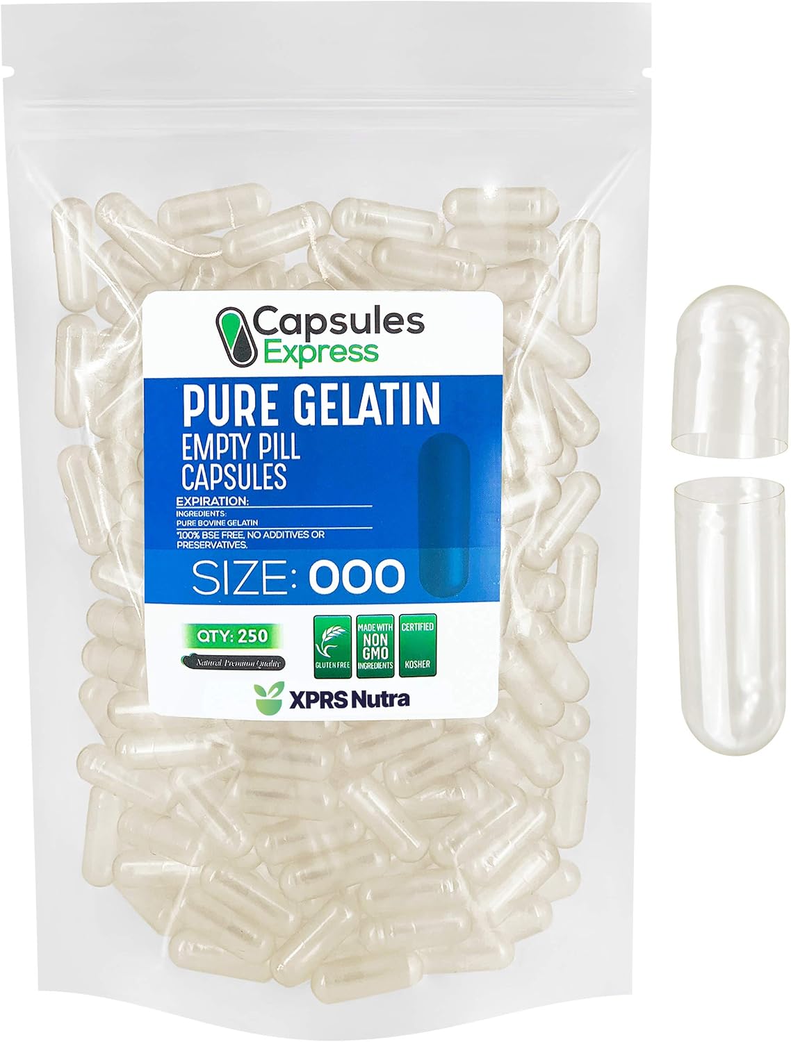 XPRS Nutra Size 000 Empty Capsules - 250 Count - görsel 1
