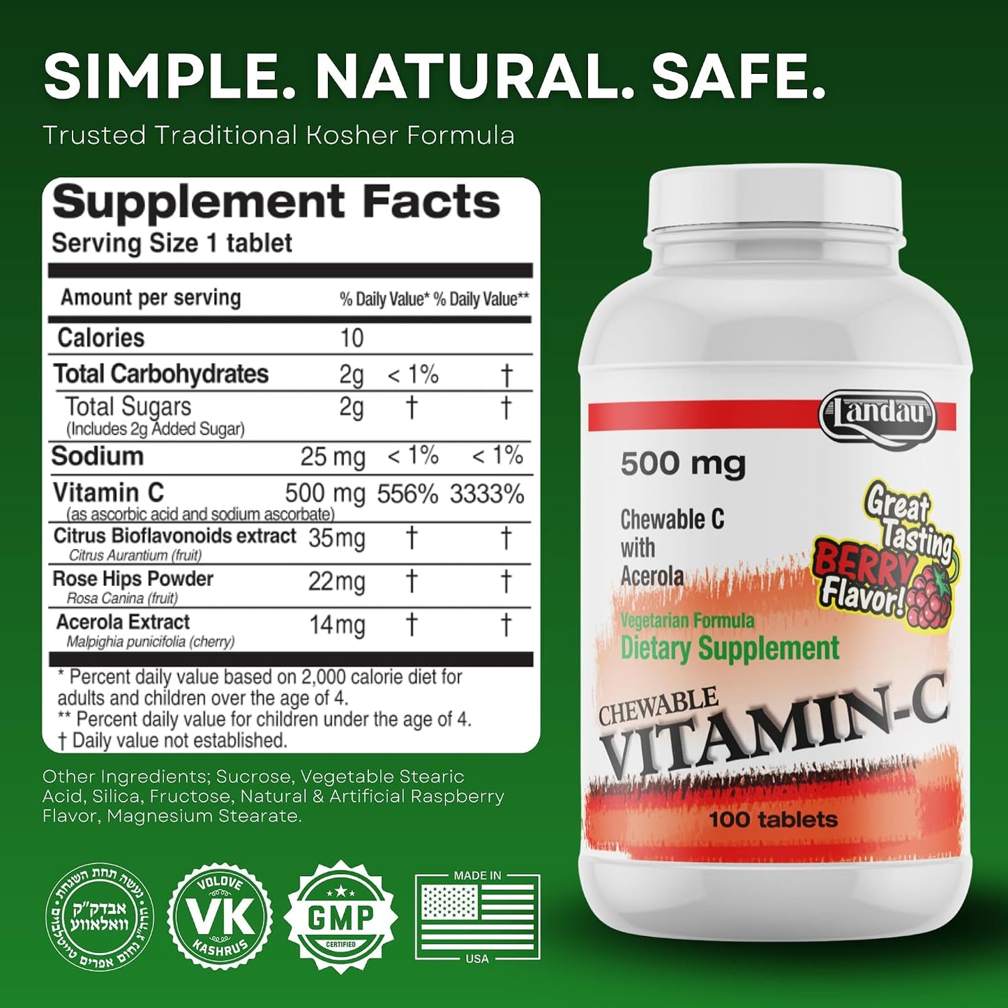 Landau 500mg Chewable Vitamin C Tablets for Kids & Adults – with Acerola – Kosher – Great Tasting Berry Flavour, 100 Tablets - görsel 6