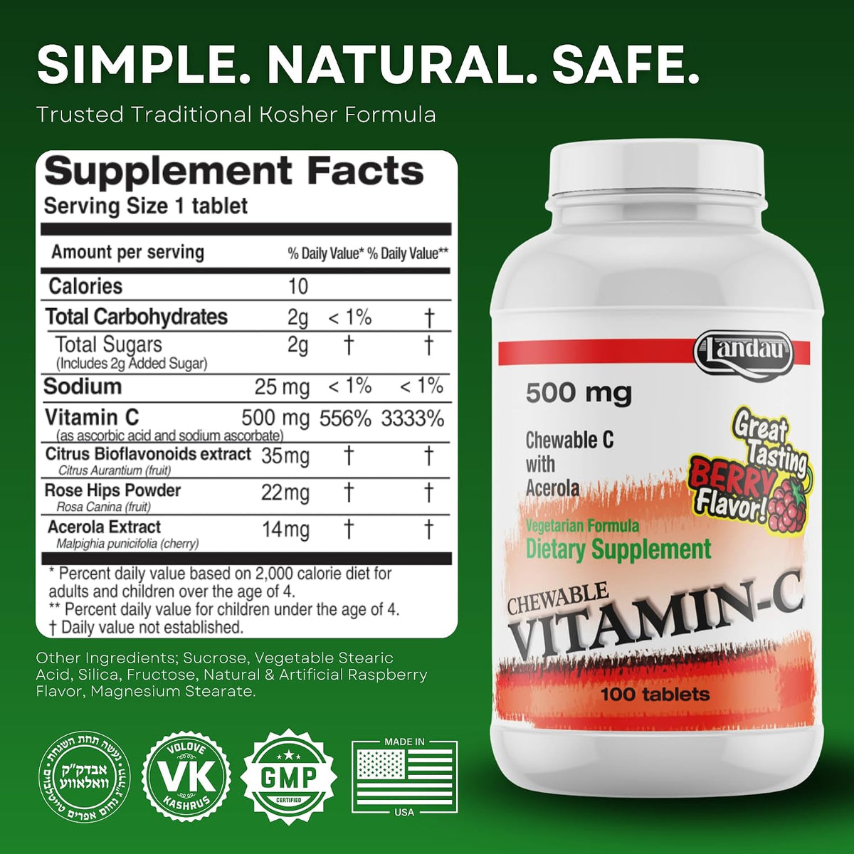 Landau 500mg Chewable Vitamin C Tablets for Kids & Adults – with Acerola – Kosher – Great Tasting Berry Flavour, 100 Tablets - görsel 6