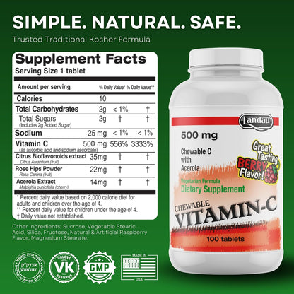 Landau 500mg Chewable Vitamin C Tablets for Kids & Adults – with Acerola – Kosher – Great Tasting Berry Flavour, 100 Tablets
