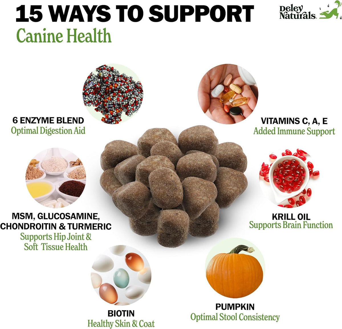 Deley Naturals 15 in 1 Multivitamin for Dogs - Complete Dog Vitamins and Supplements for Immune Support, Joint, Skin, Digestion, Heart & Overall Health - Daily Multifunction Supplements - 120 Chews - görsel 2