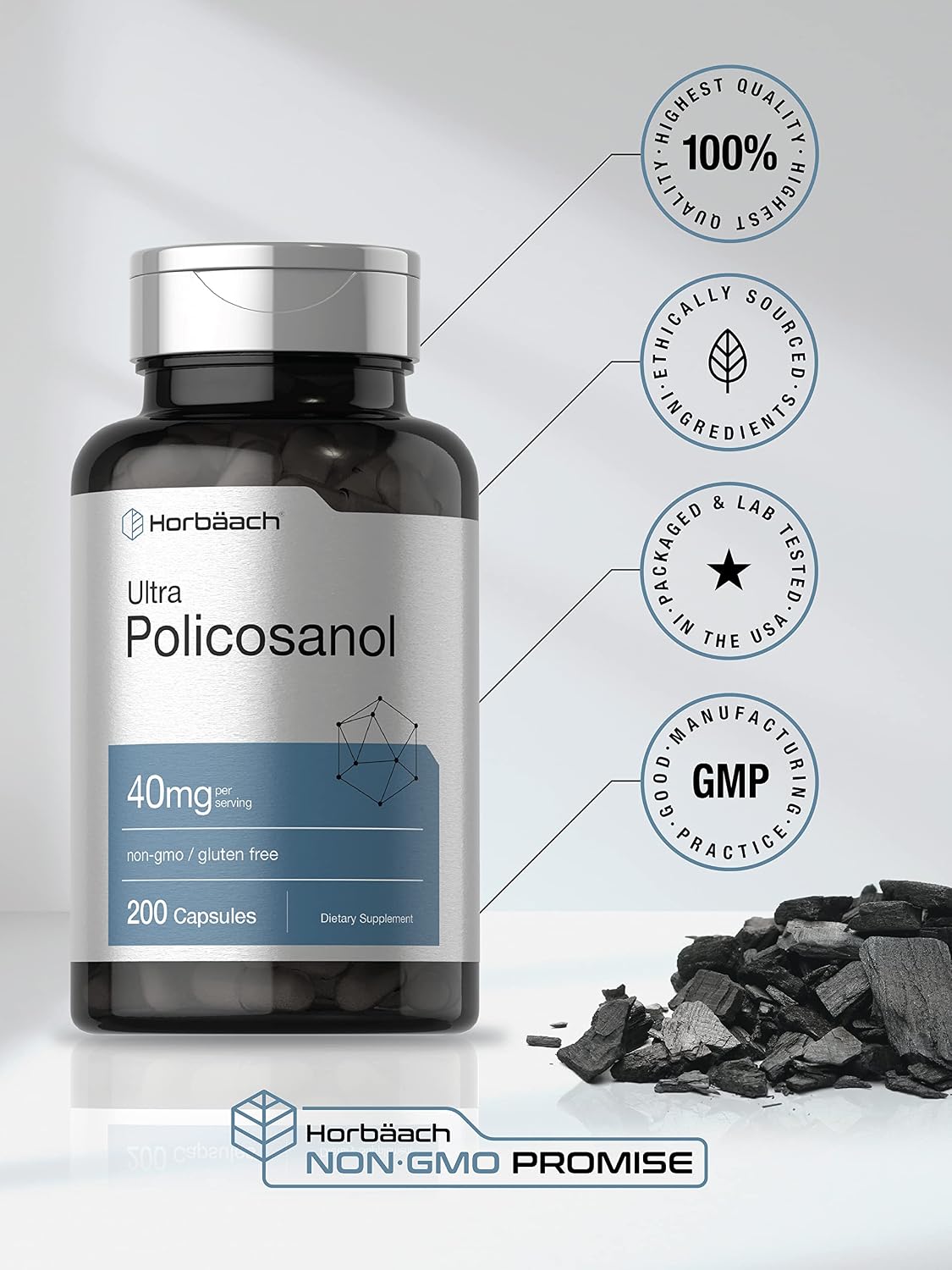 Horbäach Policosanol 40mg, 200 Capsules – Non-GMO & Gluten-free Supplement - görsel 5
