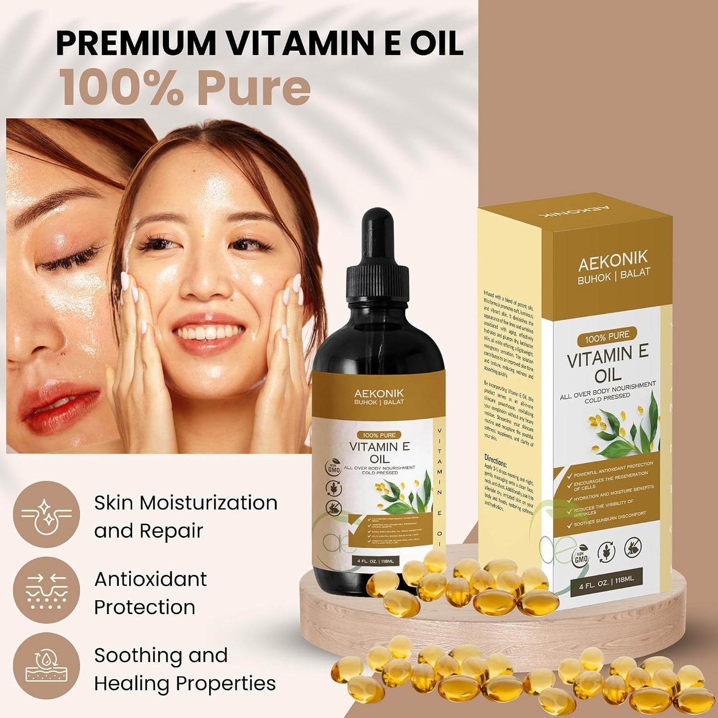 AEKONIK Organic Vitamin E Oil - Pure & Natural for Skin and Hair Care, 118 ml - görsel 2