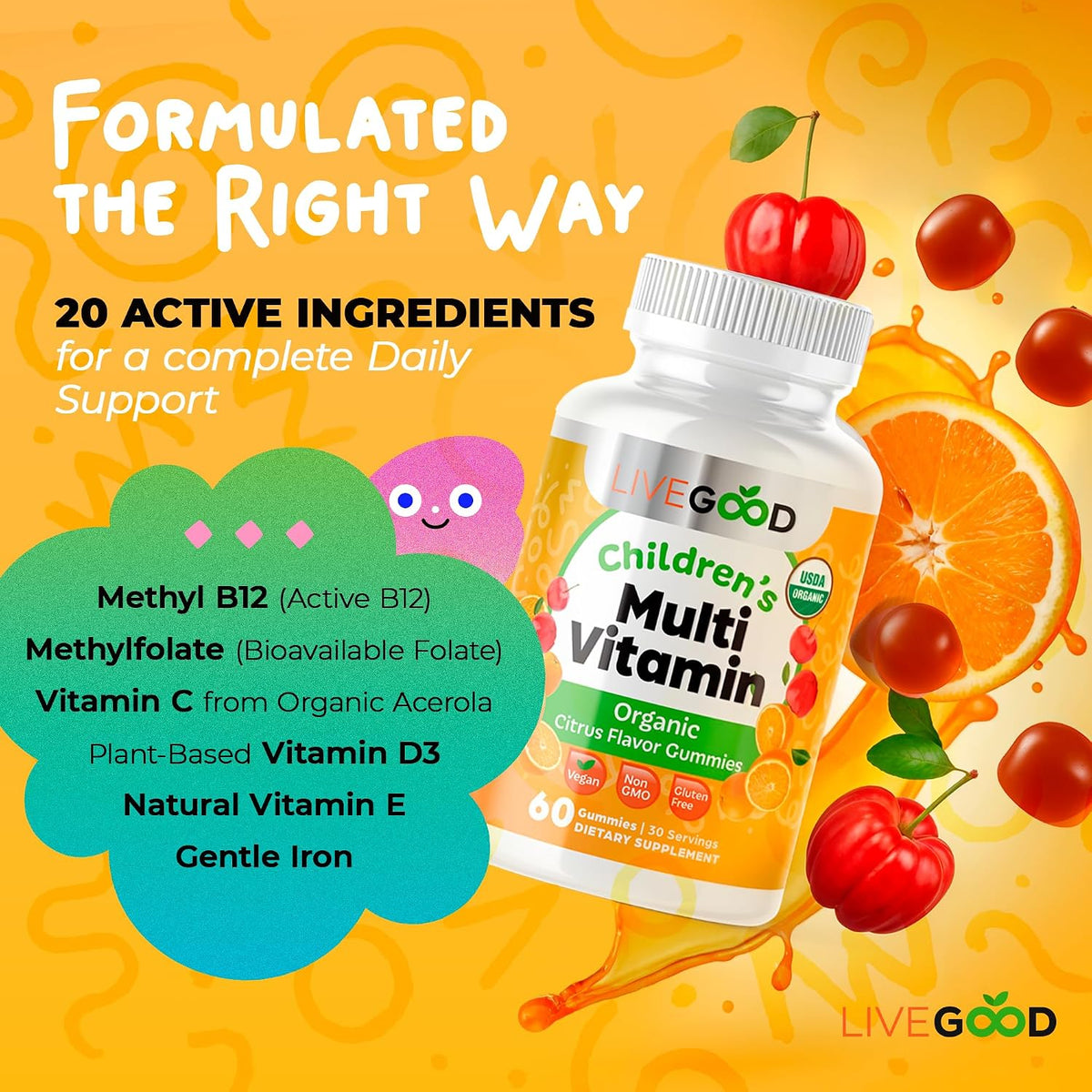 LIVEGOOD Organic Children’s Multivitamin Gummies – Kids Multivitamin with Vitamin D for Immune Support, Growth & Energy (60 Gummies) - görsel 5
