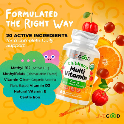 LIVEGOOD Organic Children’s Multivitamin Gummies – Kids Multivitamin with Vitamin D for Immune Support, Growth & Energy (60 Gummies)