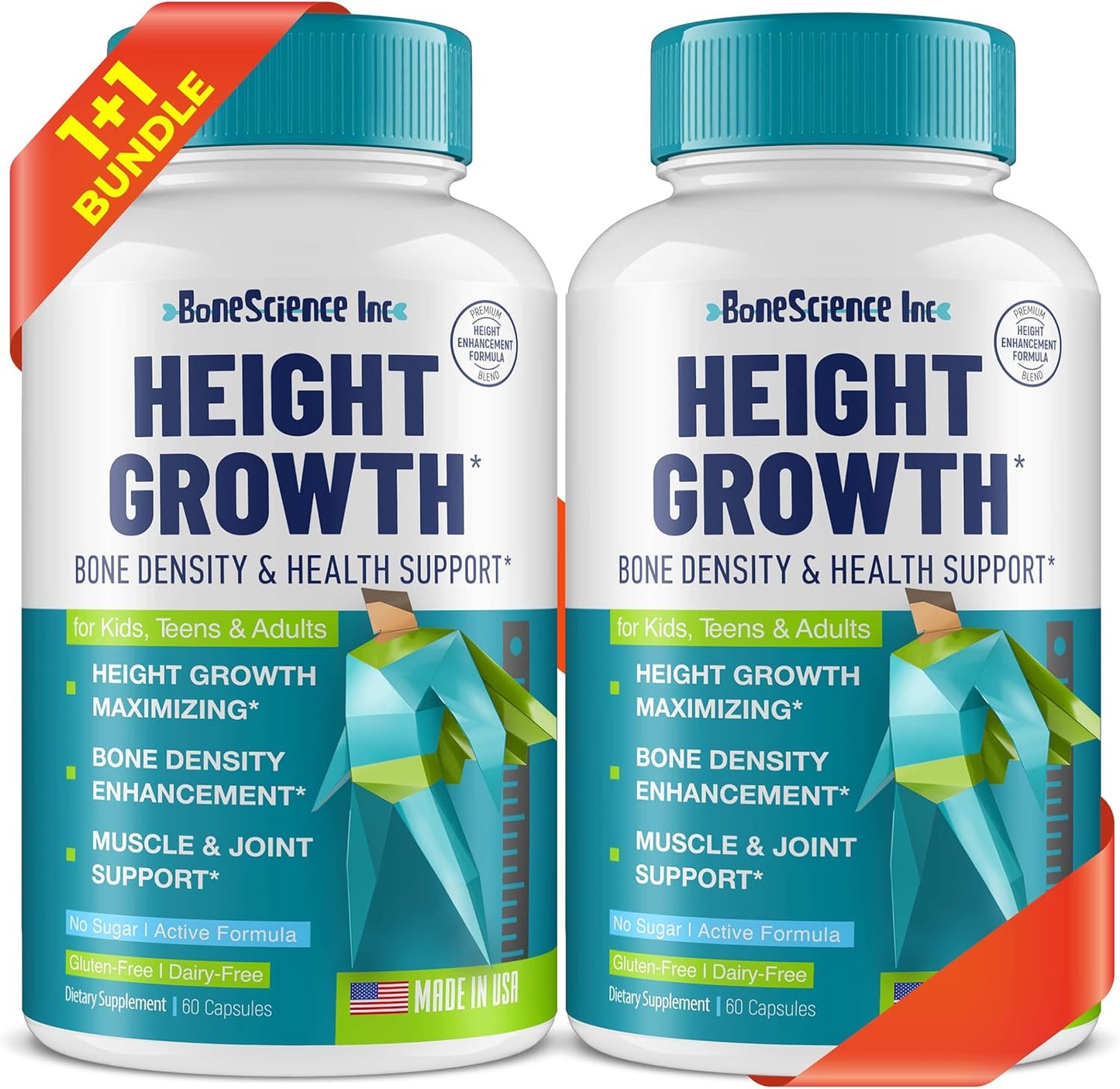 BoneScience Inc Height Growth Maximiser – Growth Optimisation Supplement for Teens & Young Adults – Bone & Development Support with Calcium, Vitamin D3, Zinc & Amino Acids – 2 Pack (60 Count Each) - görsel 1