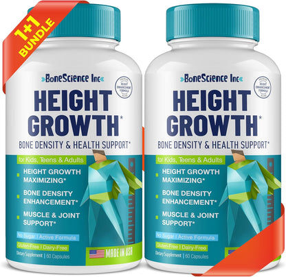 BoneScience Inc Height Growth Maximiser – Growth Optimisation Supplement for Teens & Young Adults – Bone & Development Support with Calcium, Vitamin D3, Zinc & Amino Acids – 2 Pack (60 Count Each)