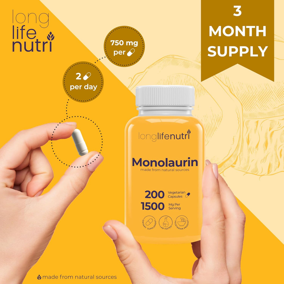 LongLifeNutri Monolaurin 1500mg - 200 Vegetarian Capsules, 100-Day Supply - görsel 5