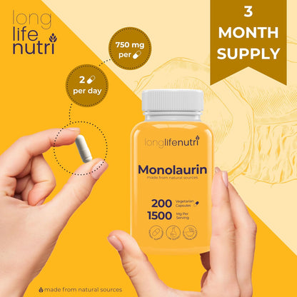 LongLifeNutri Monolaurin 1500mg - 200 Vegetarian Capsules, 100-Day Supply