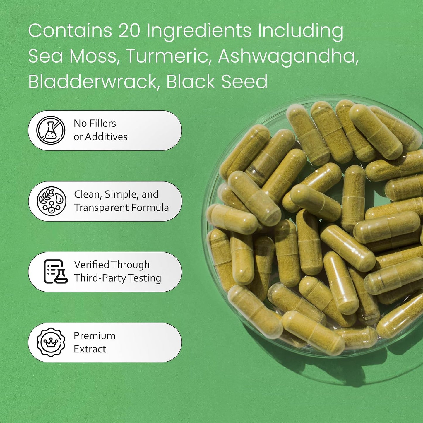 Sea Moss, Black Seed Oil, Bladderwrack, Turmeric, Ashwagandha, Burdock, Vitamin C, D3, Zinc - 90 Veggie Capsules - görsel 3