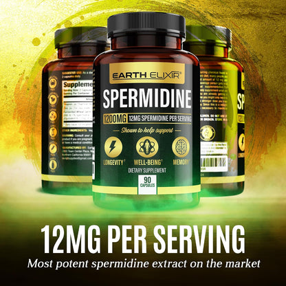 Earth Elixir Spermidine Supplements 1200mg (90 Capsules) – Anti-Ageing – Third-Party Tested (12mg Spermidine Powder) Max Purity – 100% Pure Spermidine – Fermented Wheat Germ Extract – NMN Alternative