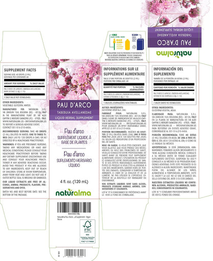 Naturalma Pau d'Arco or Lapacho (Tabebuia avellanedae or Tecoma curialis) Bark Alcohol-Free Tincture - 118ml Liquid Extract in Drops - Herbal Supplement - Vegan