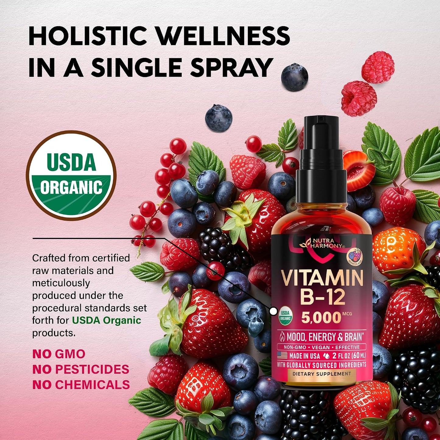USDA Organic Vitamin B12 Sublingual Spray – 5000 mcg Methylcobalamin – Vegan Liquid Supplement – 60 ml - görsel 4