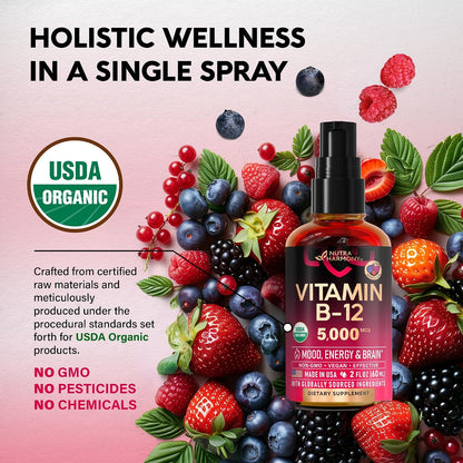USDA Organic Vitamin B12 Sublingual Spray – 5000 mcg Methylcobalamin – Vegan Liquid Supplement – 60 ml