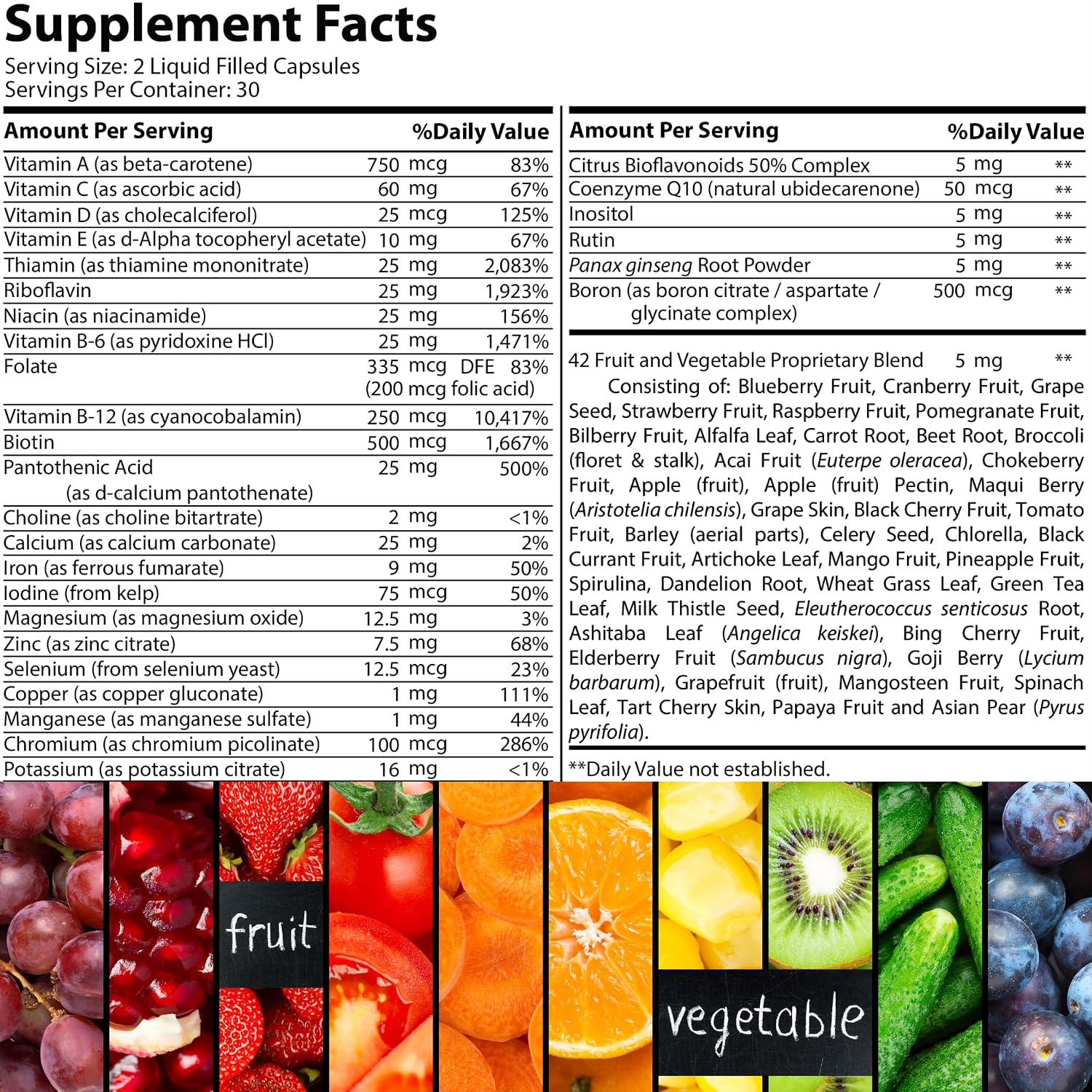 Halal Complete Multivitamin Capsules for Adults Men & Women | 42 Fruit & Vegetable Blend with Iron, Zinc, CoQ10, Folic Acid, and Vitamin A, B1, B3, B6, B12, C, D3, E | 60 Capsules - görsel 7