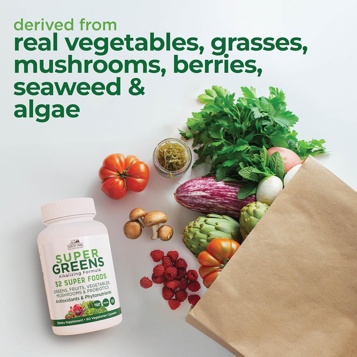 Country Farms Super Greens Vegicaps, 29 Whole Greens Whole Food Supplement with Probiotics, 60 Vegicaps - görsel 4