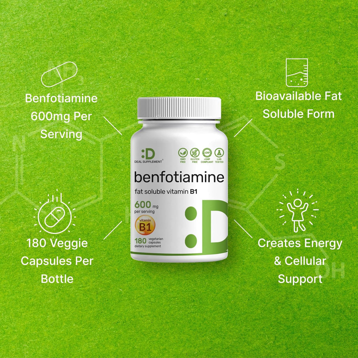 Benfotiamine 600mg Per Serving, 180 Veggie Capsules - Fat Soluble Vitamin B1 (Thiamine) Supplement - Vegan, Non-GMO, Gluten-free - görsel 4