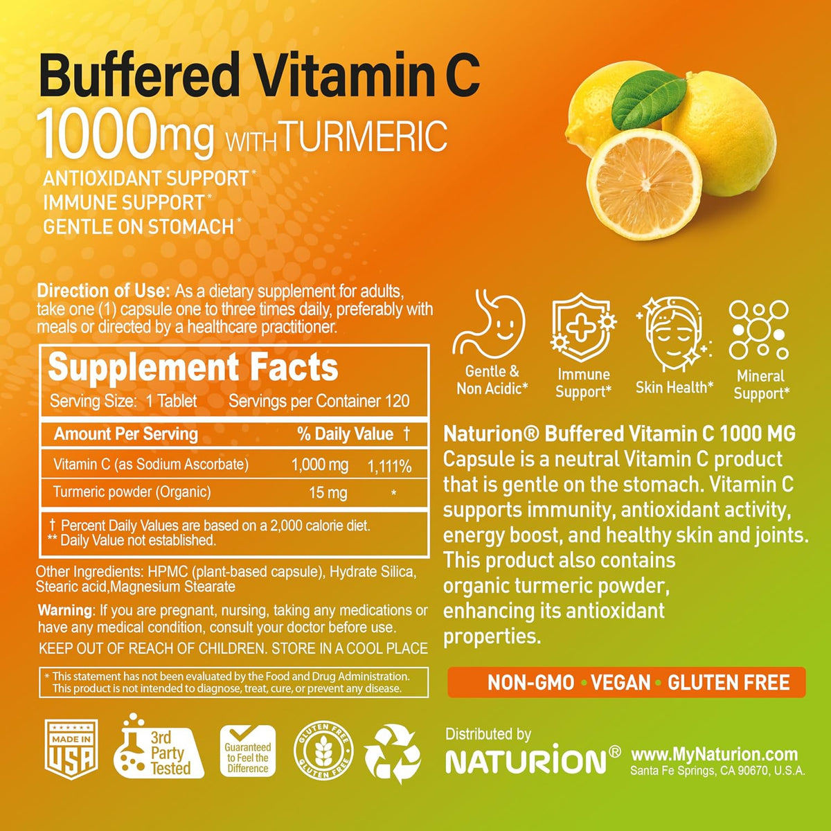 NATURION Buffered Vitamin C 1000mg with Organic Turmeric – Antioxidant & Immune Support – Healthy Skin & Joints – 120 Vegan Capsules - görsel 7