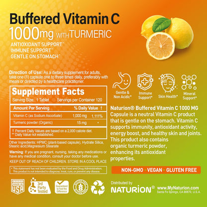 NATURION Buffered Vitamin C 1000mg with Organic Turmeric – Antioxidant & Immune Support – Healthy Skin & Joints – 120 Vegan Capsules