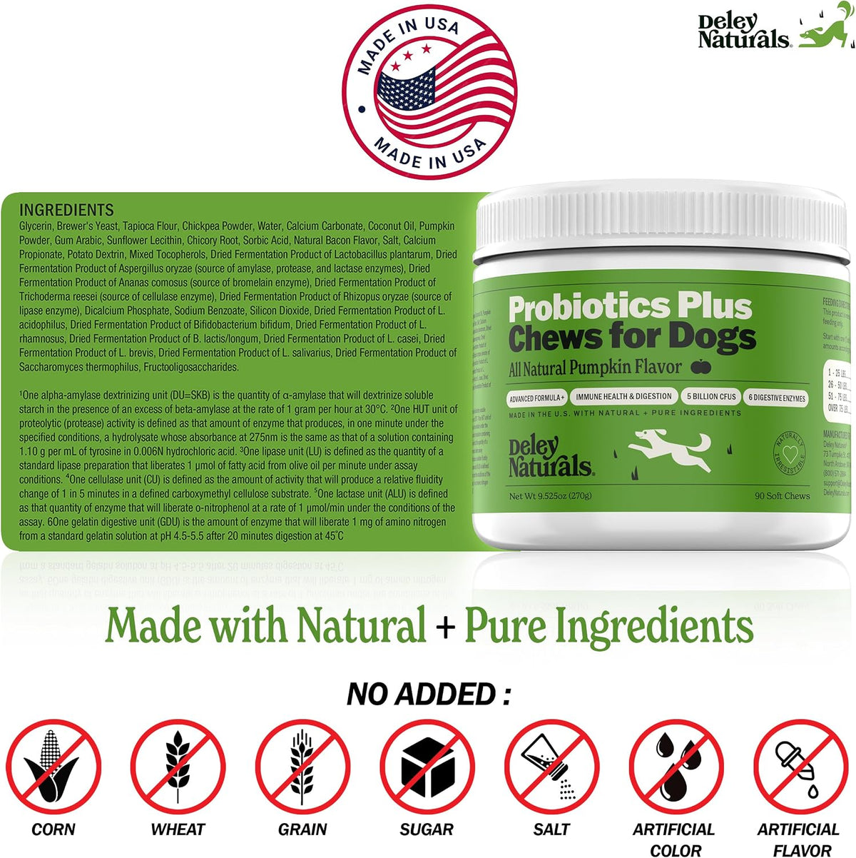 Deley Naturals Probiotics Plus Chews for Dogs - Gut Health Supplement with 5 Billion CFUs and Digestive Enzymes (90 Chews) - görsel 6