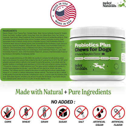 Deley Naturals Probiotics Plus Chews for Dogs - Gut Health Supplement with 5 Billion CFUs and Digestive Enzymes (90 Chews)
