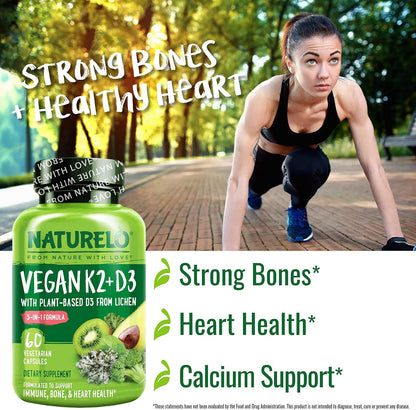 NATURELO Vitamin D3 & K2 - Vegan with Plant-Based D3 from Lichen - Food Supplement for Immune Support, Bone Health, and Heart Health* - Non-GM - Gluten-free - 60 Capsules