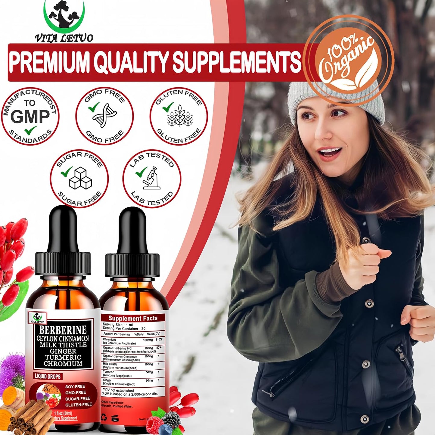 Vita Letuo Berberine Drops, High Absorption 6-in-1 Liquid Berberine Supplement with Ceylon Cinnamon, Milk Thistle, Turmeric and Ginger, 30 Servings - görsel 6