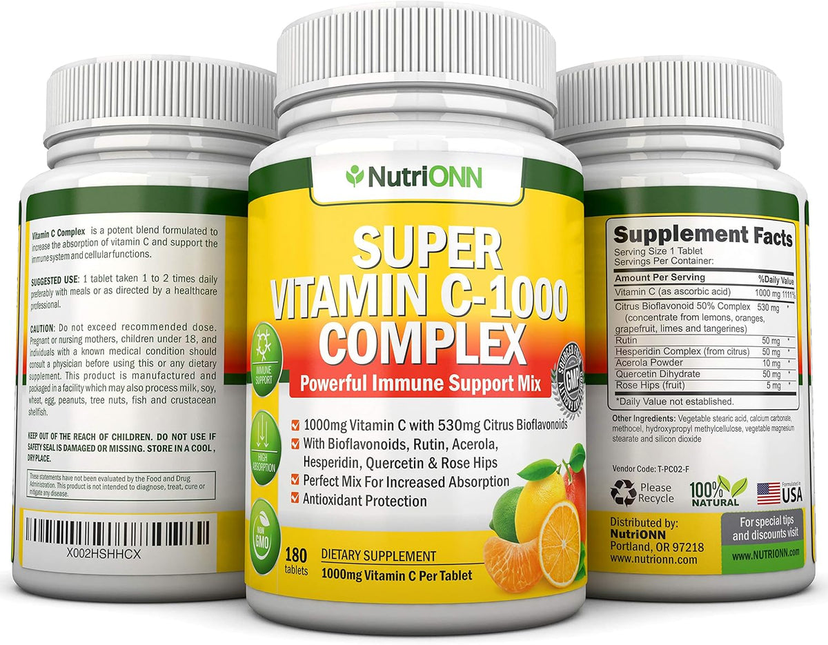 Super Vitamin C Complex - 1695 mg - 180 Tablets - with Citrus Bioflavonoids, Rose Hips, Rutin, Quercetin & Hesperidin - Non-GMO - görsel 6