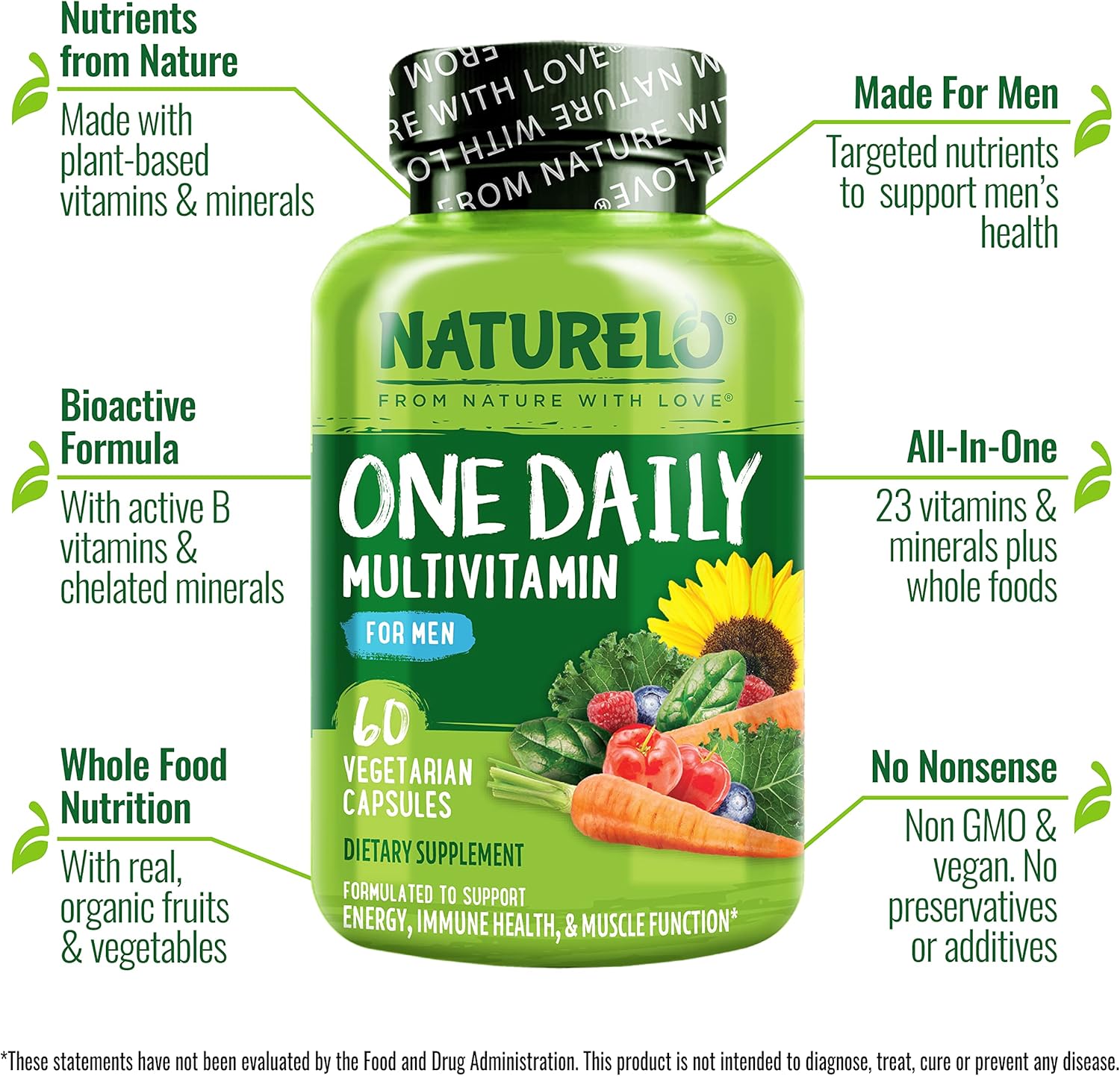 NATURELO Men's Multivitamin – One Daily with Organic Whole Foods, 60 Vegan Capsules - görsel 4