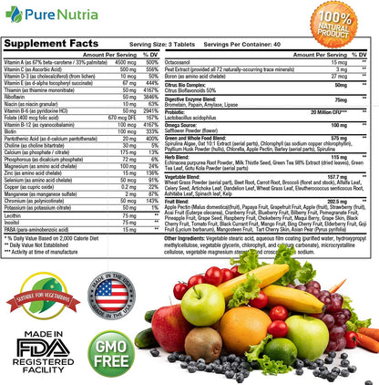 PureNutria Whole Food Multivitamin & Minerals with Probiotic Enzymes – 120 Tablets for Women and Men