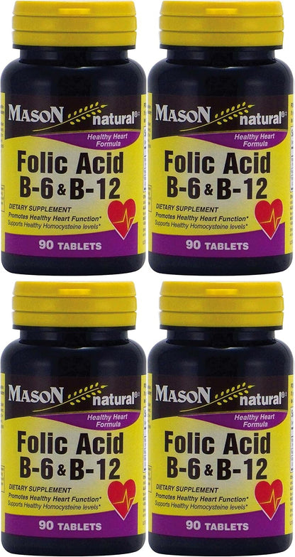 Mason Natural Folic Acid, Vitamin B6 & B12 Heart Health Formula, 90 Tablets (Pack of 4)