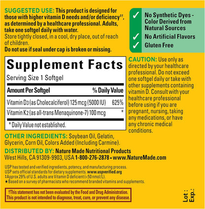 Nature Made Vitamin D3 & K2 Supplement, 5000 IU (125 mcg) Vitamin D for Bone, Muscle and Immune Support, 30 Softgels