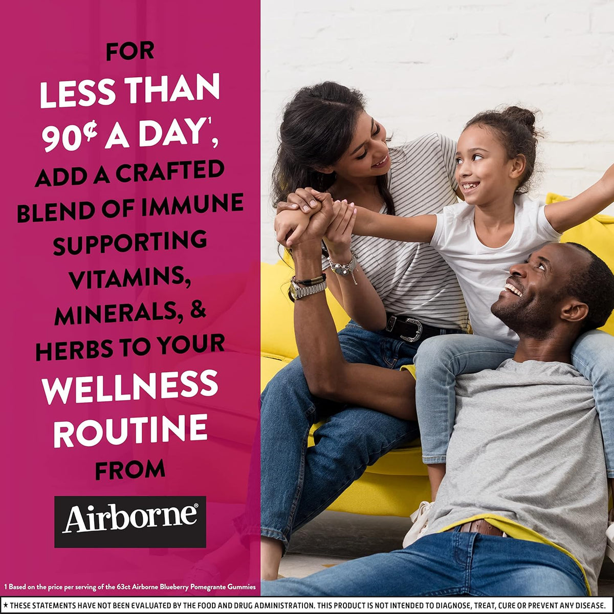 Airborne 750mg Vitamin C Gummies for Adults, Immune Support Supplement with Antioxidants Vitamins A, C & E – 63 Gummies, Blueberry Pomegranate Flavour - görsel 5
