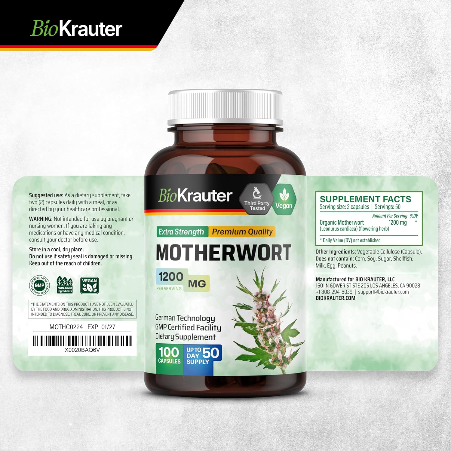 BIO KRAUTER® Perimenopause & Menopause Supplements for Women - Vegan Motherwort Capsules, 1200 mg per Serving, 100 Capsules (50-Day Supply) - görsel 9