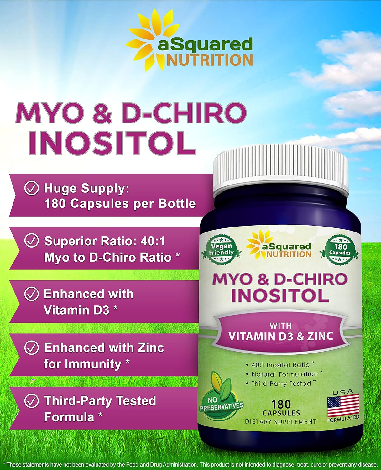 aSquared Nutrition Myo-Inositol & D-Chiro Inositol Supplement - 40:1 Ratio with Vitamin D3 and Zinc - 180 Capsules - görsel 4