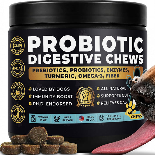Pup Choice Probiotics for Dogs - 1 Billion CFU, 6 Strains, Pumpkin & Turmeric - Beef Flavour Soft Chews (140 Count)