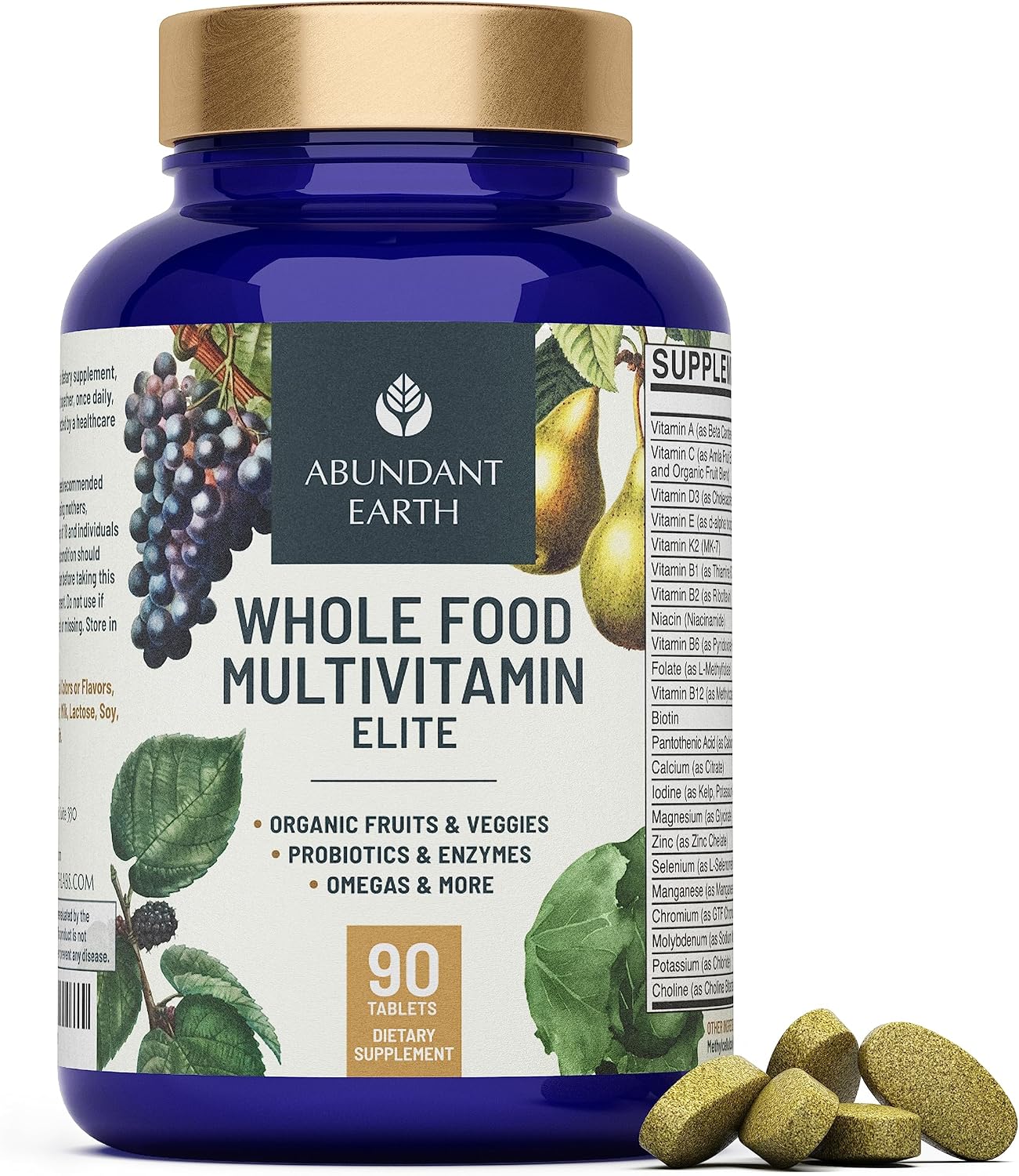 Abundant Earth Whole Food Multivitamin for Women and Men – Daily Multivitamin with B Complex, Probiotics, Digestive Enzymes and Omegas, 90 Capsules - görsel 1